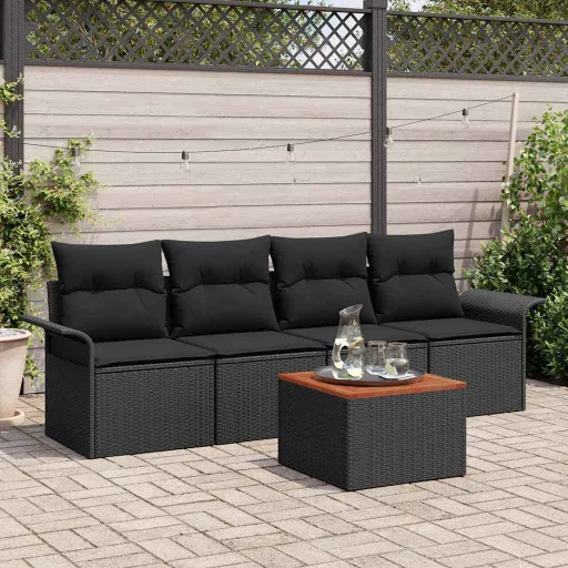 Conjunto de Sofá de Jardim com Almofada   Preto Vime PE (5 pcs)