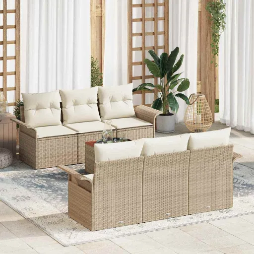 Conjunto de Sofá de Jardim com Almofada   Bege Vime PE (7 pcs)