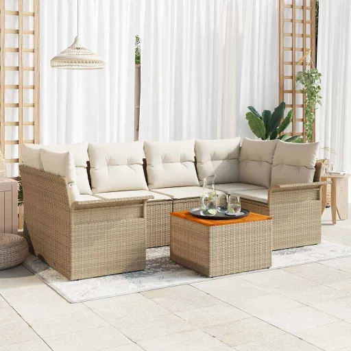 Conjunto de Sofá de Jardim com Almofada   Bege Vime PE (7 pcs)