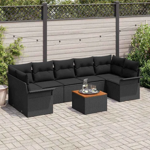 Conjunto de Sofá de Jardim com Almofada   Preto Vime PE (8 pcs)