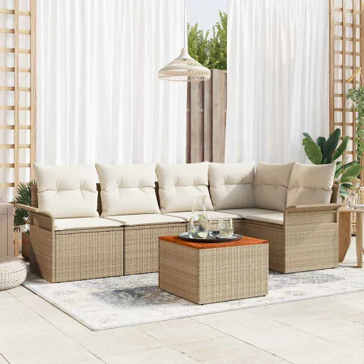 Conjunto de Sofá de Jardim com Almofada   Bege Vime PE (6 pcs)