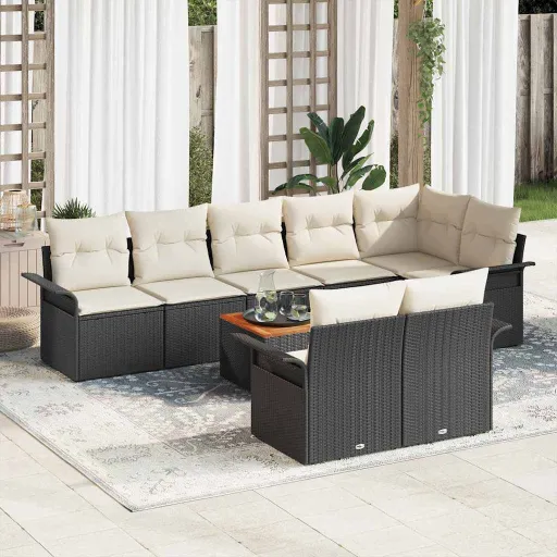 Conjunto de Sofá de Jardim com Almofada   Preto Vime PE (9 pcs)