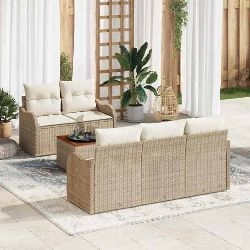 Conjunto de Sofá de Jardim com Almofada   Bege Vime PE (6 pcs)