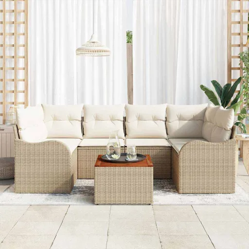 Conjunto de Sofá de Jardim com Almofada   Bege Vime PE (7 pcs)