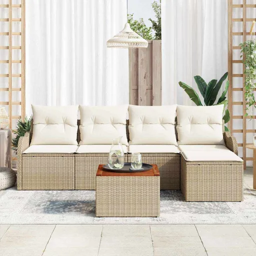 Conjunto de Sofá de Jardim com Almofada   Bege Vime PE (6 pcs)