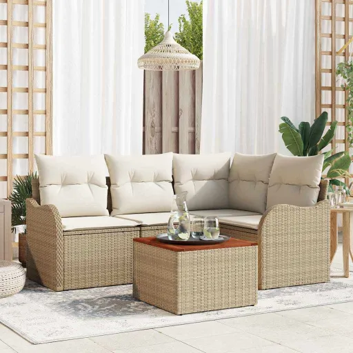 Conjunto de Sofá de Jardim com Almofada   Bege Vime PE (5 pcs)