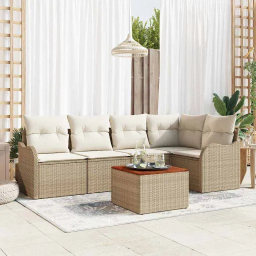 Conjunto de Sofá de Jardim com Almofada   Bege Vime PE (6 pcs)