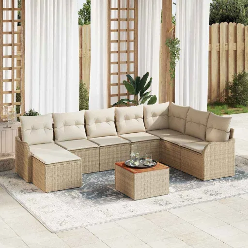 Conjunto de Sofá de Jardim com Almofada   Bege Vime PE (9 pcs)