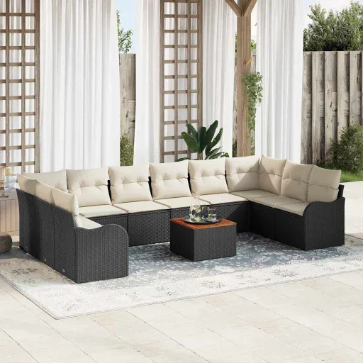 Conjunto de Sofá de Jardim com Almofada   Preto Vime PE (11 pcs)