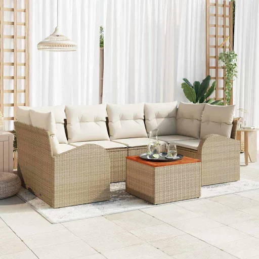 Conjunto de Sofá de Jardim com Almofada   Bege Vime PE (7 pcs)
