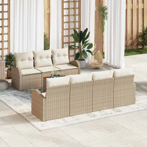 Conjunto de Sofá de Jardim com Almofada   Bege Vime PE (8 pcs)