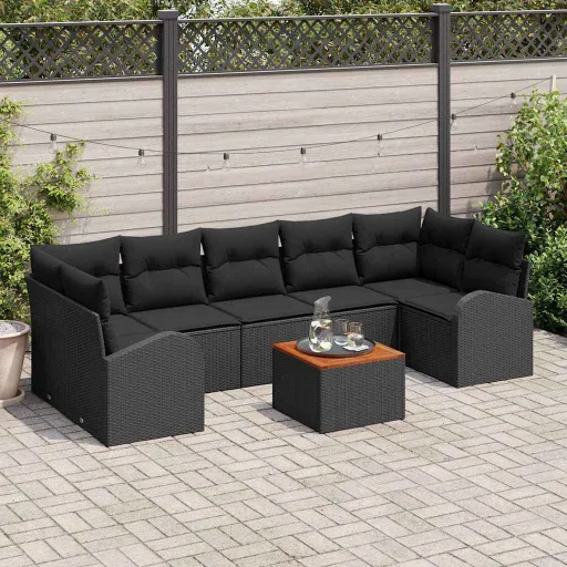 Conjunto de Sofá de Jardim com Almofada   Preto Vime PE (8 pcs)