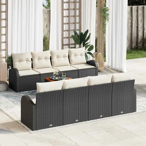 Conjunto de Sofá de Jardim com Almofada   Preto Vime PE (9 pcs)
