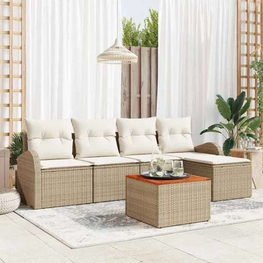 Conjunto de Sofá de Jardim com Almofada   Bege Vime PE (6 pcs)