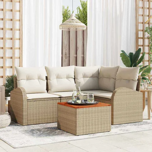 Conjunto de Sofá de Jardim com Almofada   Bege Vime PE (5 pcs)
