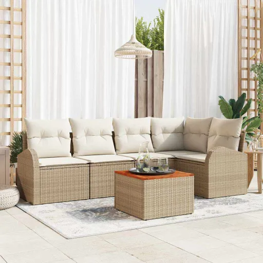 Conjunto de Sofá de Jardim com Almofada   Bege Vime PE (6 pcs)
