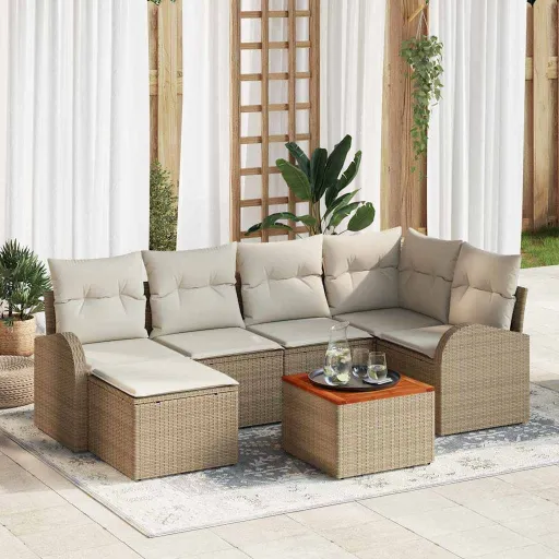 Conjunto de Sofá de Jardim com Almofada   Bege Vime PE (7 pcs)