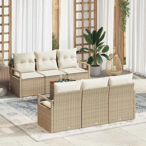 Conjunto de Sofá de Jardim com Almofada   Bege Vime PE (7 pcs)