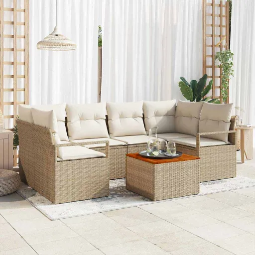 Conjunto de Sofá de Jardim com Almofada   Bege Vime PE (7 pcs)