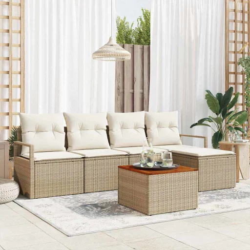 Conjunto de Sofá de Jardim com Almofada   Bege Vime PE (6 pcs)