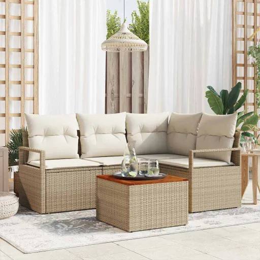Conjunto de Sofá de Jardim com Almofada   Bege Vime PE (5 pcs)