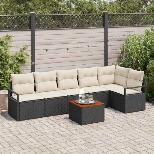 Conjunto de Sofá de Jardim com Almofada   Preto Vime PE (7 pcs)