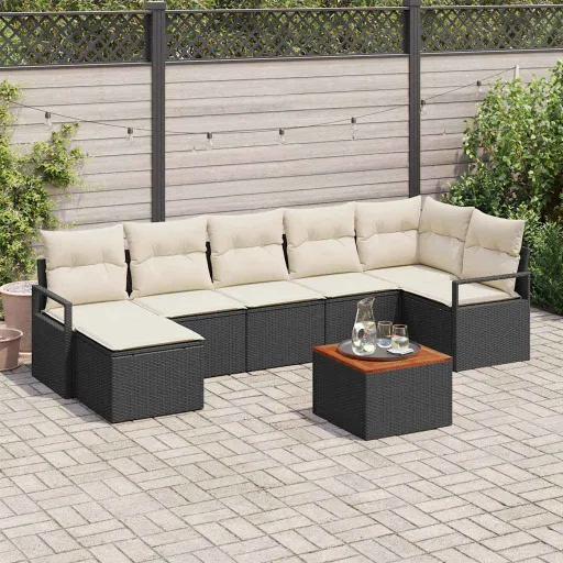 Conjunto de Sofá de Jardim com Almofada   Preto Vime PE (8 pcs)