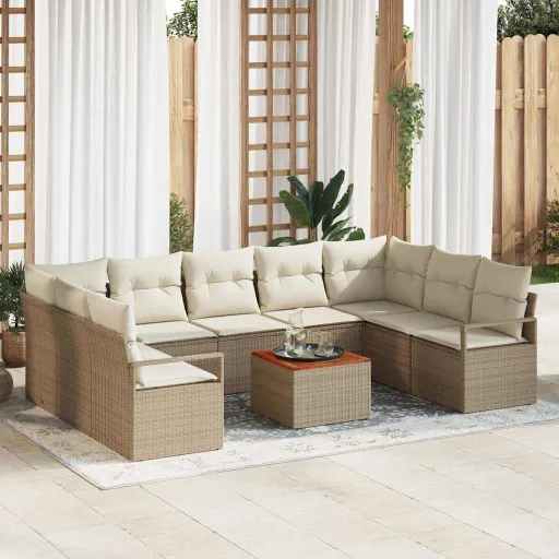 Conjunto de Sofá de Jardim com Almofada   Bege Vime PE (10 pcs)