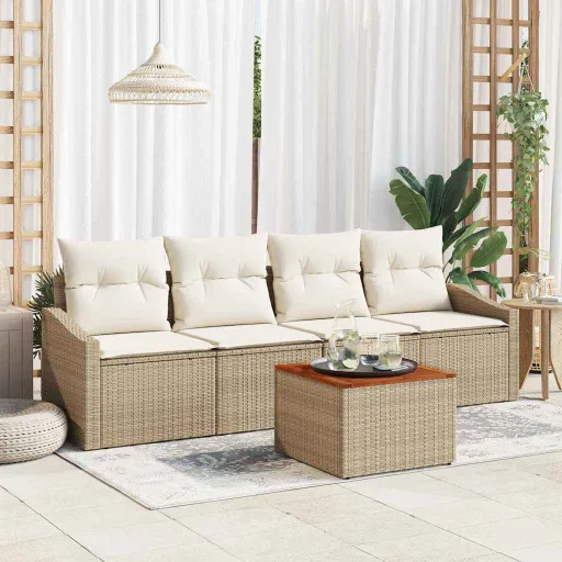 Conjunto de Sofá de Jardim com Almofada   Bege Vime PE (5 pcs)