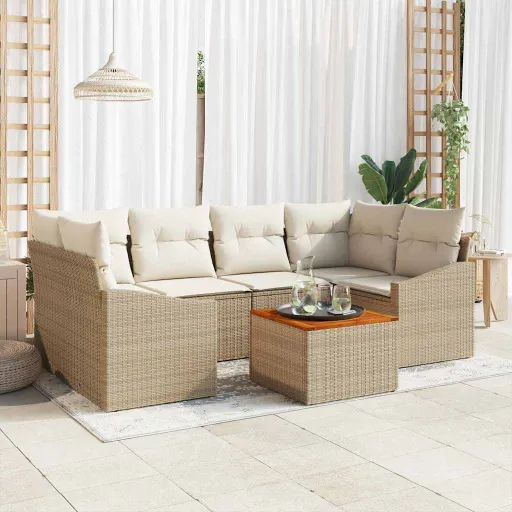 Conjunto de Sofá de Jardim com Almofada   Bege Vime PE (7 pcs)