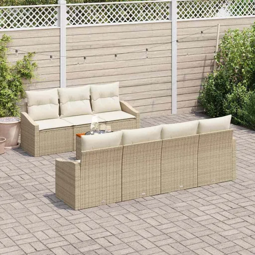 Conjunto de Sofá de Jardim com Almofada   Bege Vime PE (8 pcs)