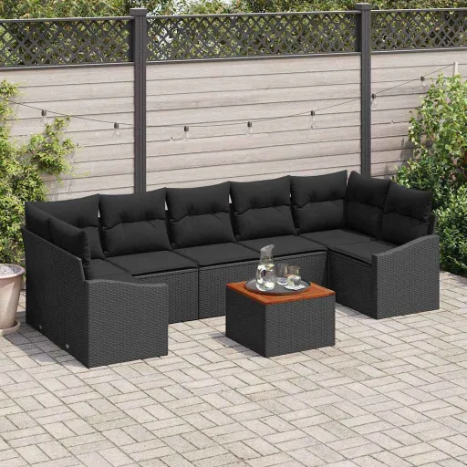 Conjunto de Sofá de Jardim com Almofada   Preto Vime PE (8 pcs)