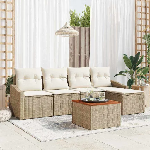 Conjunto de Sofá de Jardim com Almofada   Bege Vime PE (6 pcs)