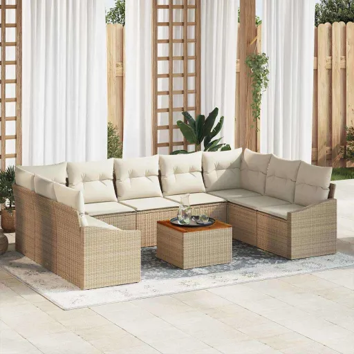 Conjunto de Sofá de Jardim com Almofada   Bege Vime PE (10 pcs)