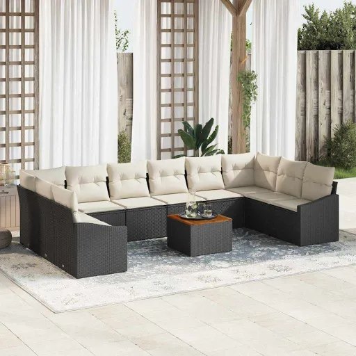 Conjunto de Sofá de Jardim com Almofada   Preto Vime PE (11 pcs)