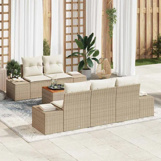 Conjunto de Sofá de Jardim com Almofada   Bege Vime PE (6 pcs)