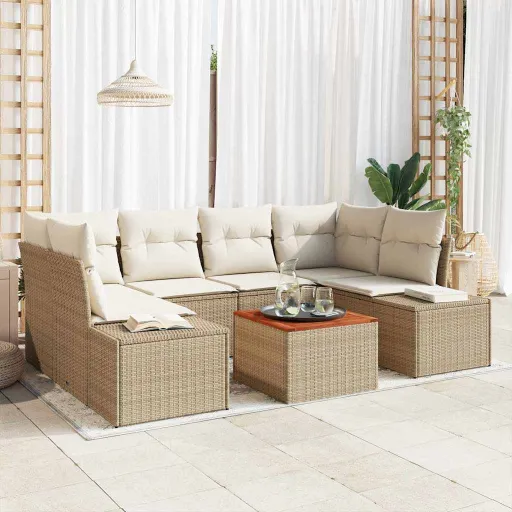 Conjunto de Sofá de Jardim com Almofada   Bege Vime PE (7 pcs)