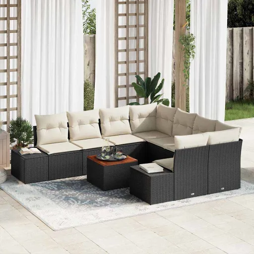 Conjunto de Sofá de Jardim com Almofada   Preto Vime PE (9 pcs)