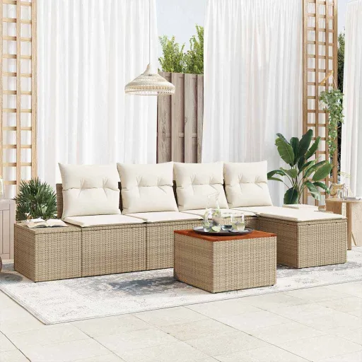 Conjunto de Sofá de Jardim com Almofada   Bege Vime PE (6 pcs)