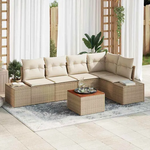 Conjunto de Sofá de Jardim com Almofada   Bege Vime PE (6 pcs)