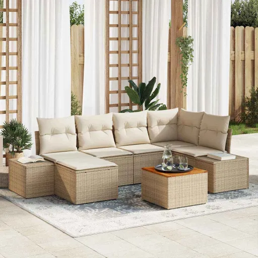 Conjunto de Sofá de Jardim com Almofada   Bege Vime PE (7 pcs)