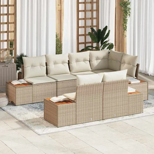 Conjunto de Sofá de Jardim com Almofada   Bege Vime PE (7 pcs)