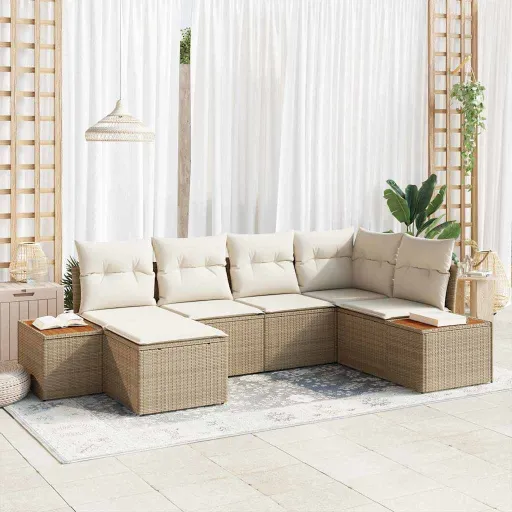 Conjunto de Sofá de Jardim com Almofada   Bege Vime PE (6 pcs)