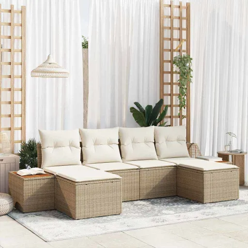 Conjunto de Sofá de Jardim com Almofada   Bege Vime PE (6 pcs)