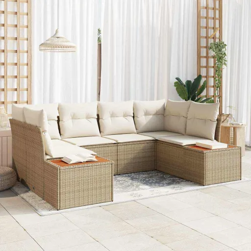 Conjunto de Sofá de Jardim com Almofada   Bege Vime PE (6 pcs)