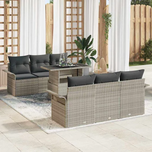 Conjunto de Sofá de Jardim   Cinzento-Claro Vime PE (7 pcs)