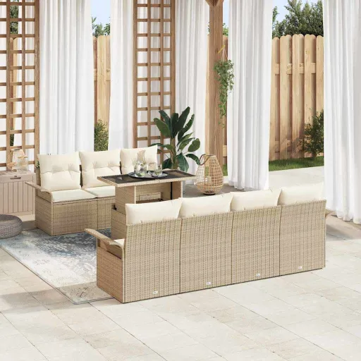 Conjunto de Sofá de Jardim com Almofada   Bege Vime PE (8 pcs)