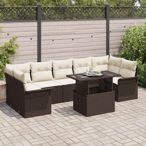 Conjunto de Sofá de Jardim com Almofada   Castanho Vime PE (8 pcs)