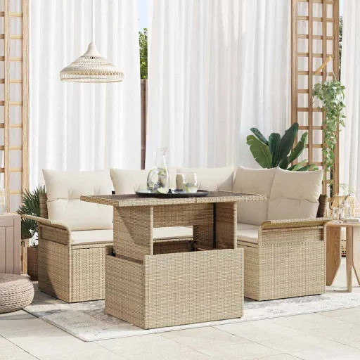 Conjunto de Sofá de Jardim   Bege Rattan Sintético (5 pcs)