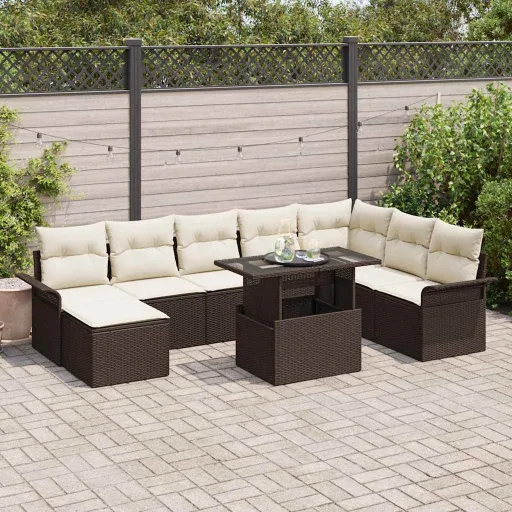 Conjunto de Sofá de Jardim com Almofada   Castanho Vime PE (9 pcs)